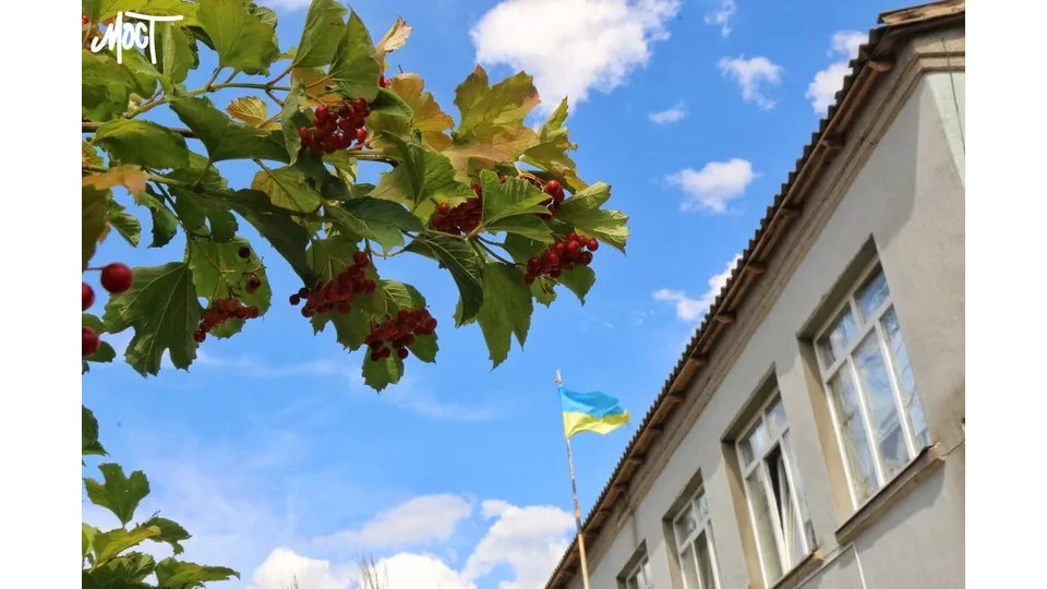 Будівля з українським прапором і гілками калини на передньому плані
