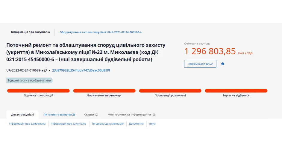 Перші торги для поточного ремонту укриття не відбулися. Скриншот з Prozorro